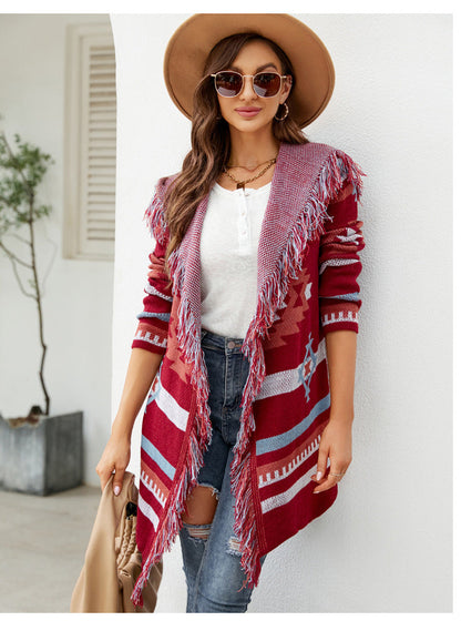 Autumn And Winter Loose Hooded Long Sweater Coat Tassel Geometric Jacquard Sweater Cardigan