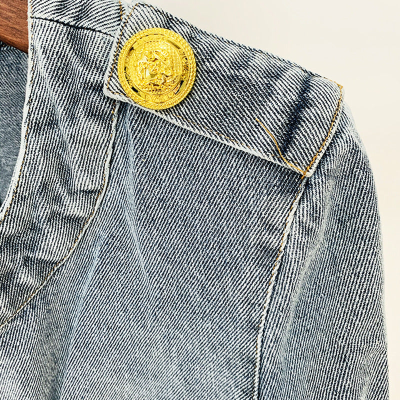 Lion Button Short Denim Jacket
