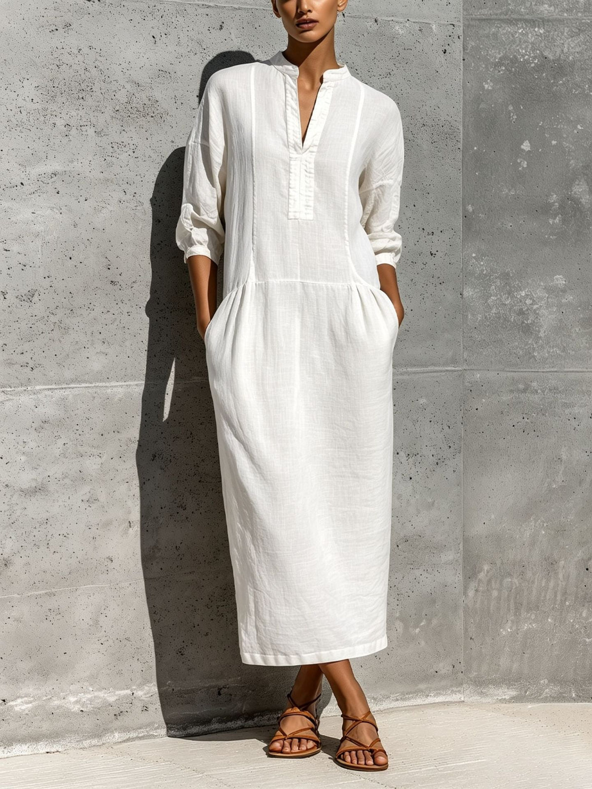 Linen Stand Collar Split V 3/4 Sleeve Drop Pocket Midi Dress