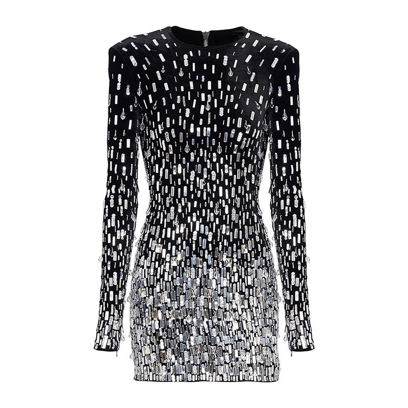 Elegant Black Velvet Sequin Long Sleeve Dress