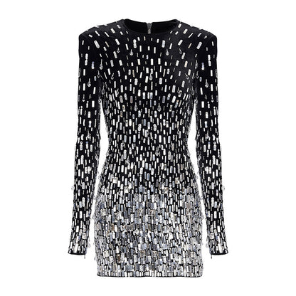Elegant Black Velvet Sequin Long Sleeve Dress