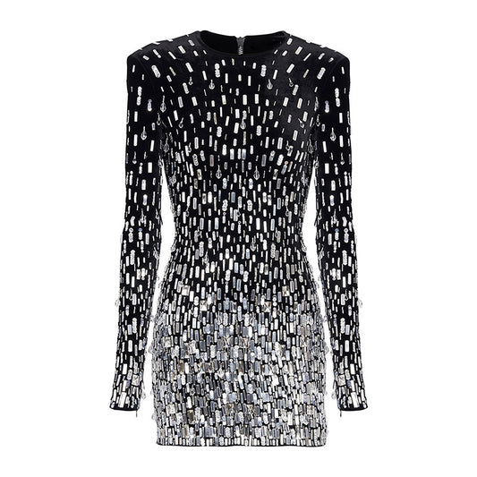 Elegant Black Velvet Sequin Long Sleeve Dress