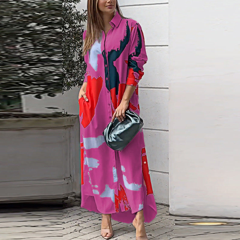 Women'S Clothing On The New Fashion Casual Printing Loose Split Shirt Dress