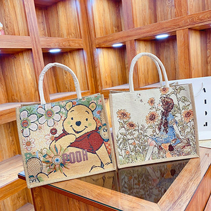 Linen Tote Bag Cute Cartoon Embroidery Large Capacity