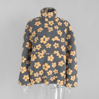 Floral Pattern Fleece Hoodie Casual Warm Sweatshirt