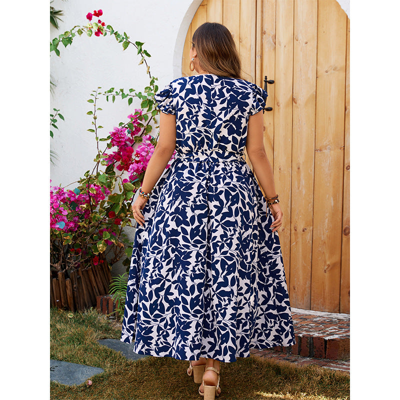 Plus Size Floral Print V-Neck Short Sleeve Dress