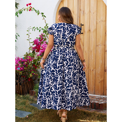 Plus Size Floral Print V-Neck Short Sleeve Dress
