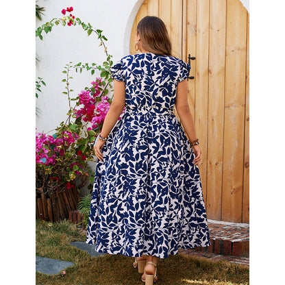 Plus Size Floral Print V-Neck Short Sleeve Dress