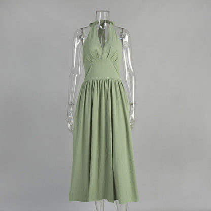 Cotton Long Maxi Dress With V-Neck Tie Waist