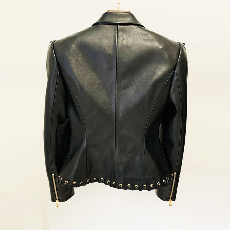 Stylish Black Pu Leather Blazer With Tie Waist