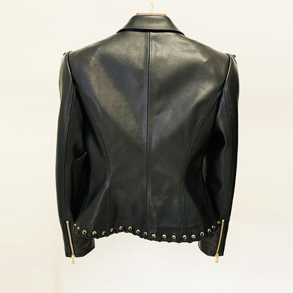 Stylish Black Pu Leather Blazer With Tie Waist