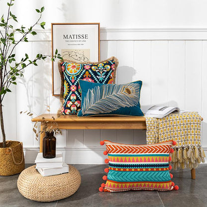 New Embroidered Retro Bohemian Style Cushion Cover Tassel Wool Ball  Cushion Cover