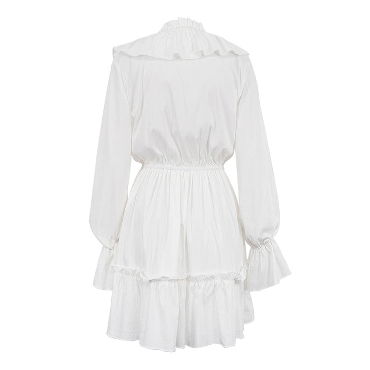 V-Neck Flounce Solid Color Mini Dress
