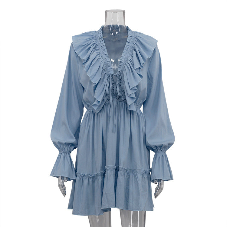 V-Neck Flounce Solid Color Mini Dress
