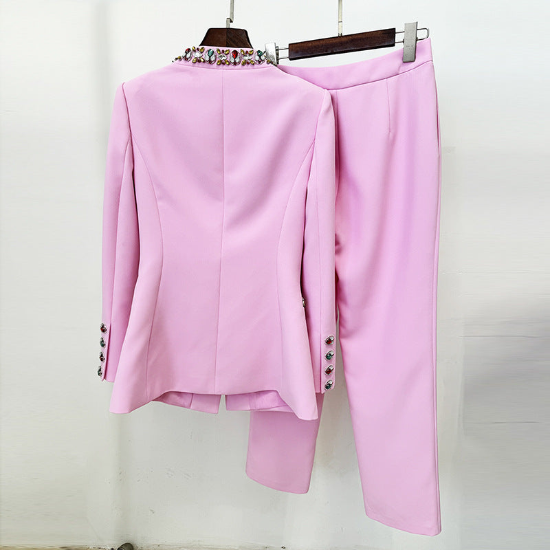 Trendy Casual Pearl Beaded Jacket And Pants Set