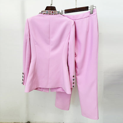 Trendy Casual Pearl Beaded Jacket And Pants Set