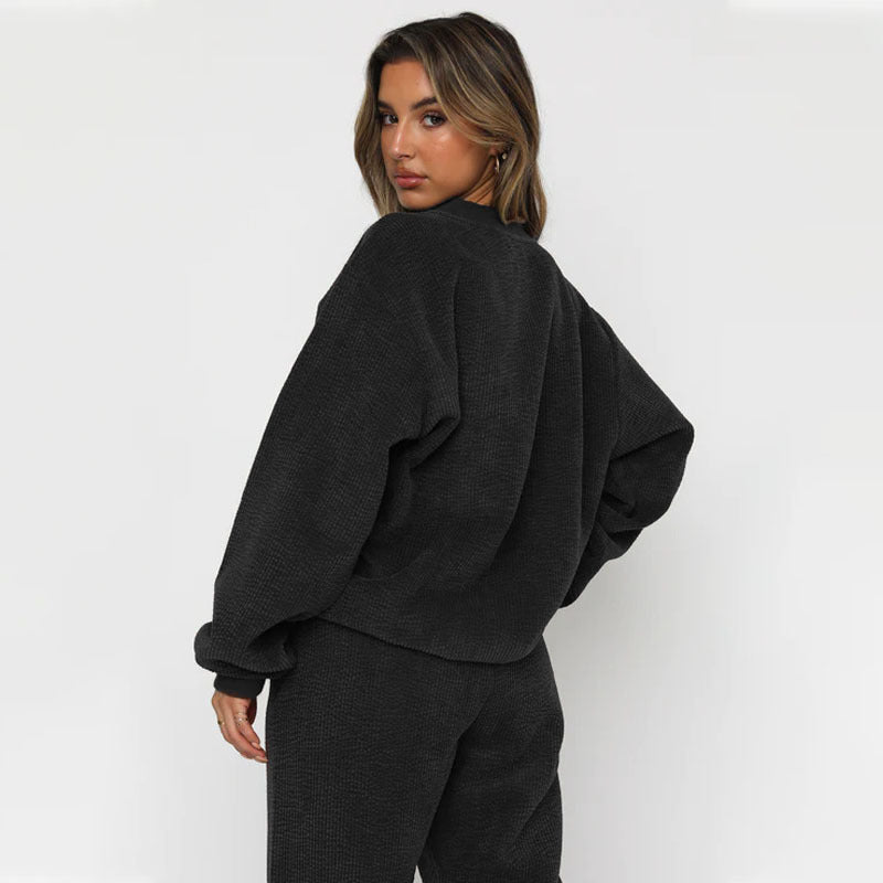 Solid Color Corduroy Casual Pullover Set