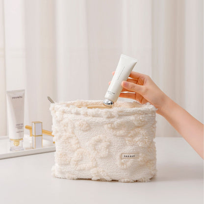 White Plushed Love Jacquard Make Up Bag