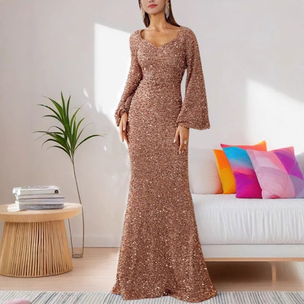 Elegant V-Neck Sequin Midi Dress With Flare Sleeves