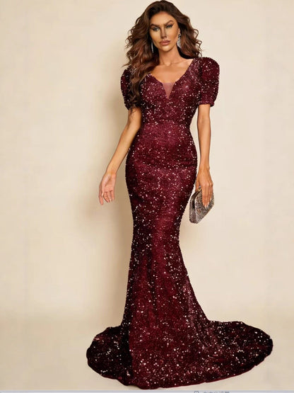 V-Neck Sequin Bodycon Maxi Dress With Lantern Sleeves
