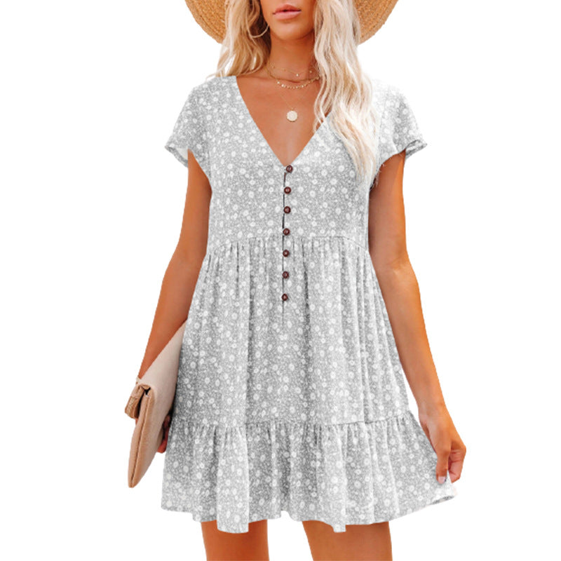 V-Neck Buttons, Small Florals, Short Sleeves, Loose Casual Dress, Women'S Wear