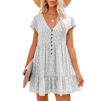 V-Neck Buttons, Small Florals, Short Sleeves, Loose Casual Dress, Women'S Wear