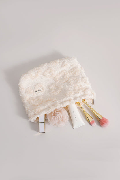 White Plushed Love Jacquard Make Up Bag