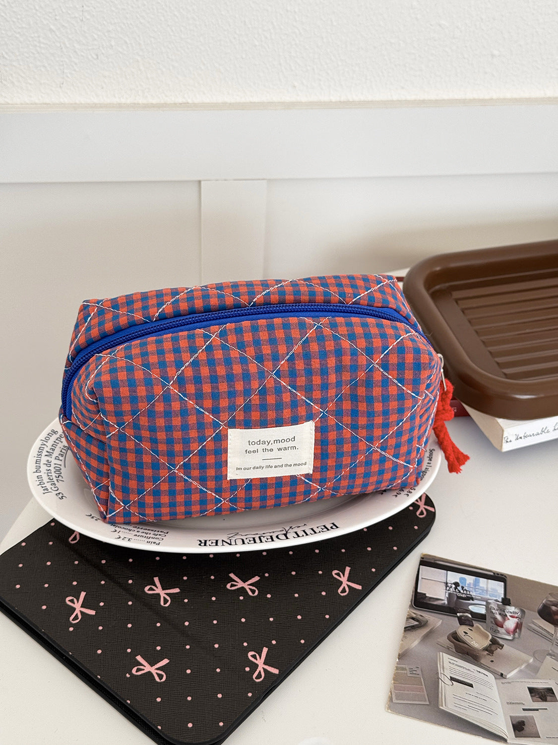 Color Block Plaid Makeup Bag Stylish Quilted Storage Organizer