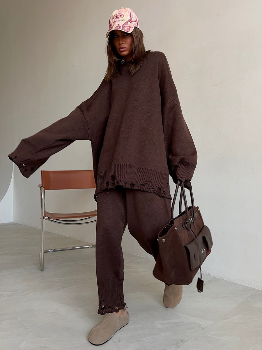 Ripped Sweater Set Women's Casual Knit Pants And Round Neck Sweater