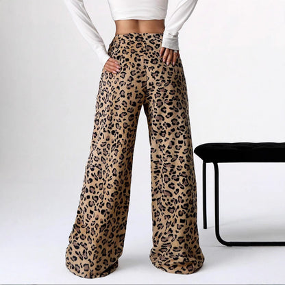 Casual Leopard Print Elastic Waist Wide Leg Pants