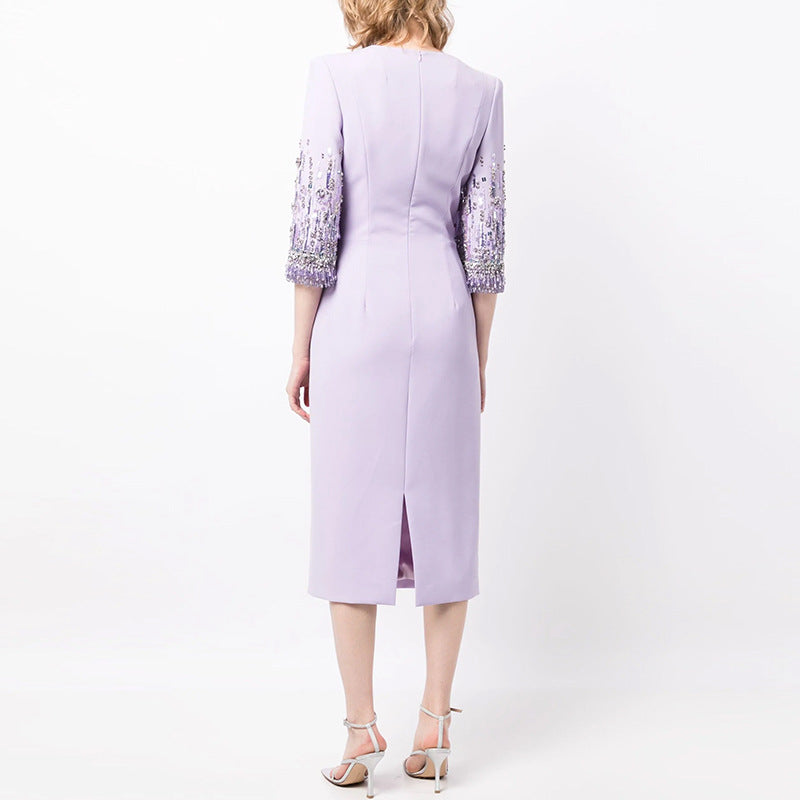 Embroidered Beaded Midi Dress Elegant Party Attire