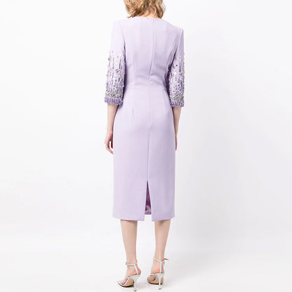 Embroidered Beaded Midi Dress Elegant Party Attire