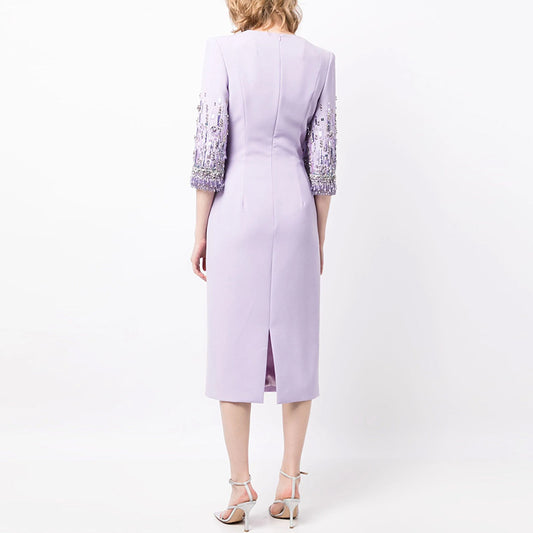 Embroidered Beaded Midi Dress Elegant Party Attire