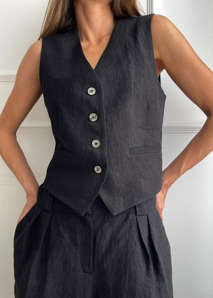 Linen Vest And Wide Leg Pants Set With Tailored Design