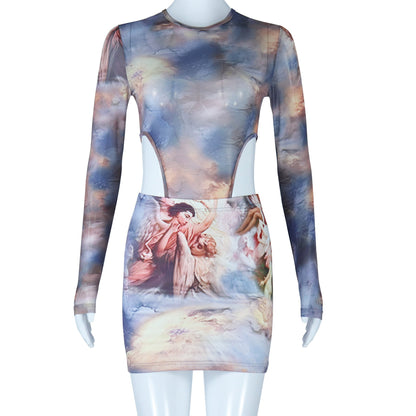 Bodycon Dress Set With Graphic Print And Sheer Long Sleeve Top