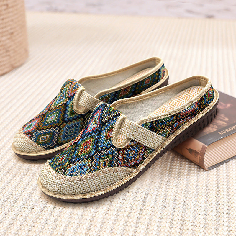 Women'S New Ethnic Style Half Slippers Linen Casual Fisherman'S Shoes Soft Soled Mother'S Shoes
