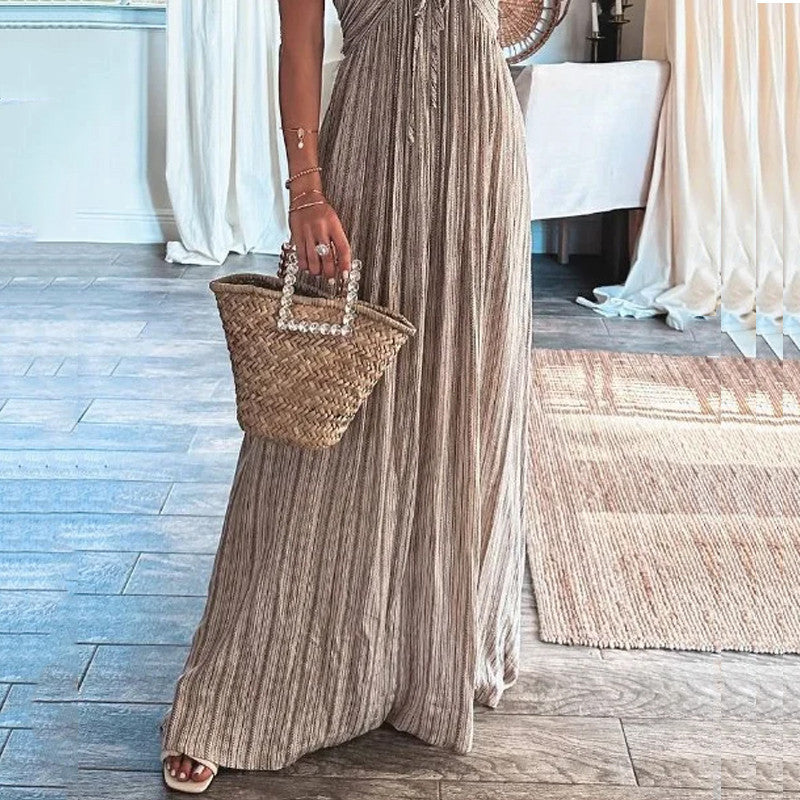 Summer New Solid Color Sexy Open Back U-Neck Strap Back Long Dress