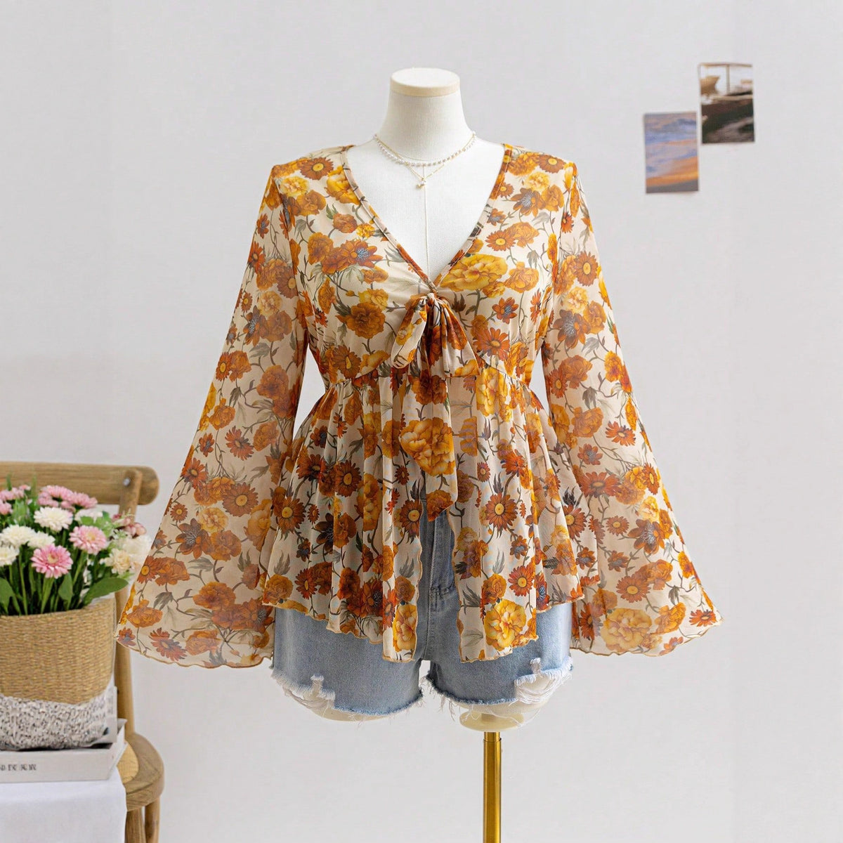 V-Neck Floral Mesh Top with Bell Sleeves