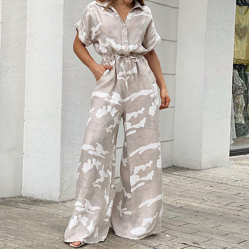 Summer Women'S Wear Fashion Polo Print Button Lace Up Jumpsuit