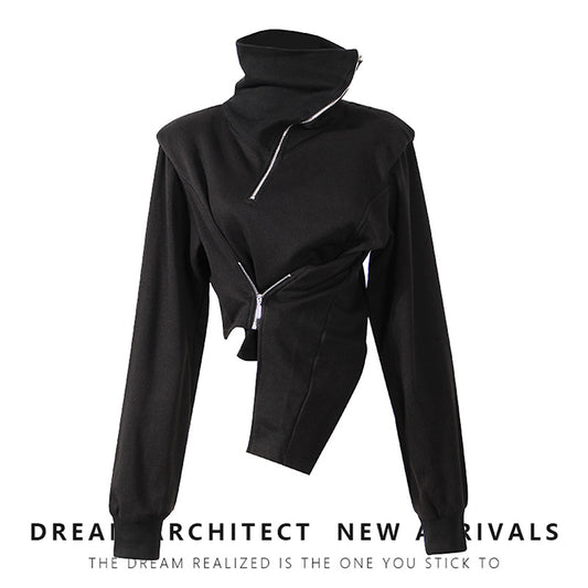 High Neck Cropped Sweatshirt With Asymmetric Hem