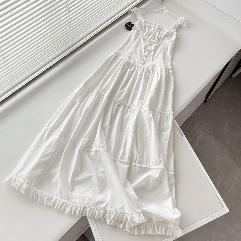 New Lazy Resort Style Pleated Front Cuff Design Extra-Long Dress Goddess Skirt Swing Skirt