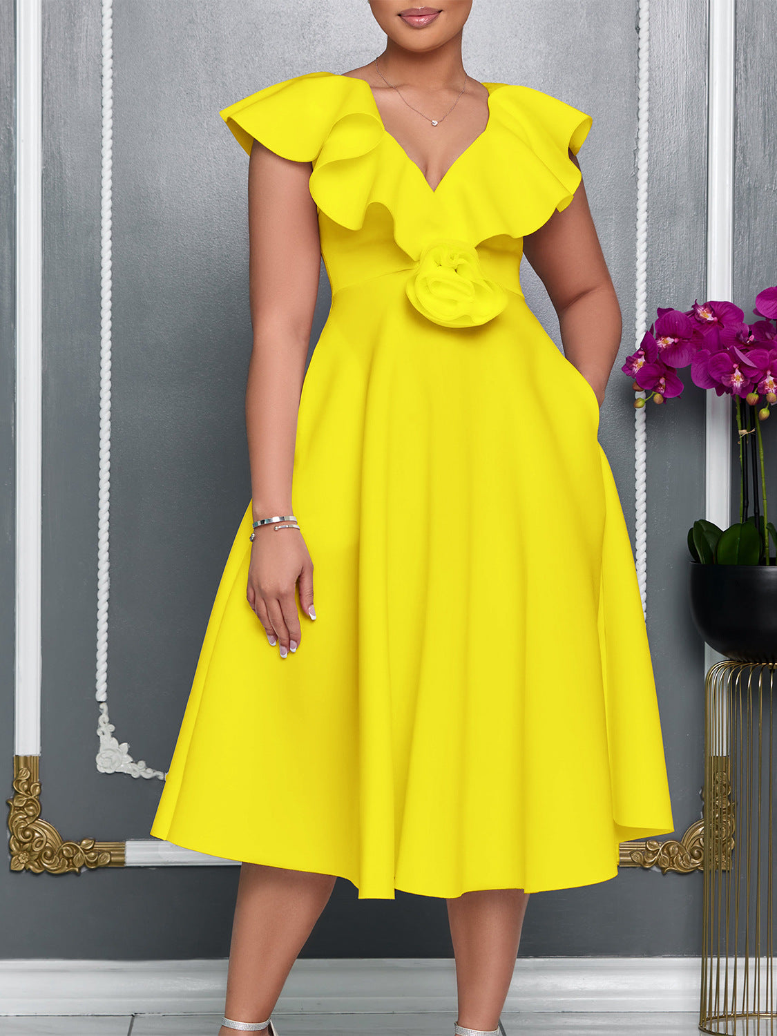 V-Neck Ruffle Floral Dress Elegant Evening Gown