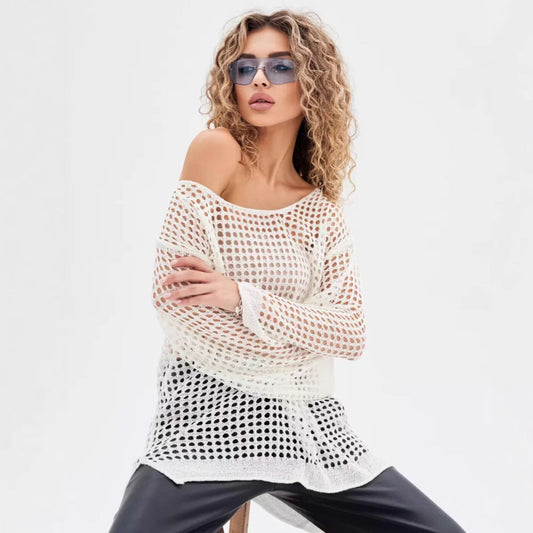 Loose Flare Sleeves Hollow Out Knit Cover Up