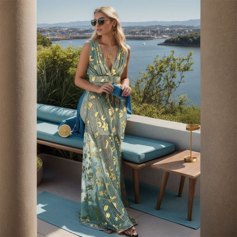 Elegant V Neck A-Line Dress With Geometric Pattern