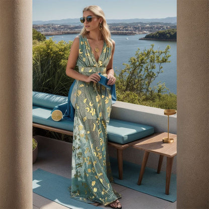 Elegant V Neck A-Line Dress With Geometric Pattern