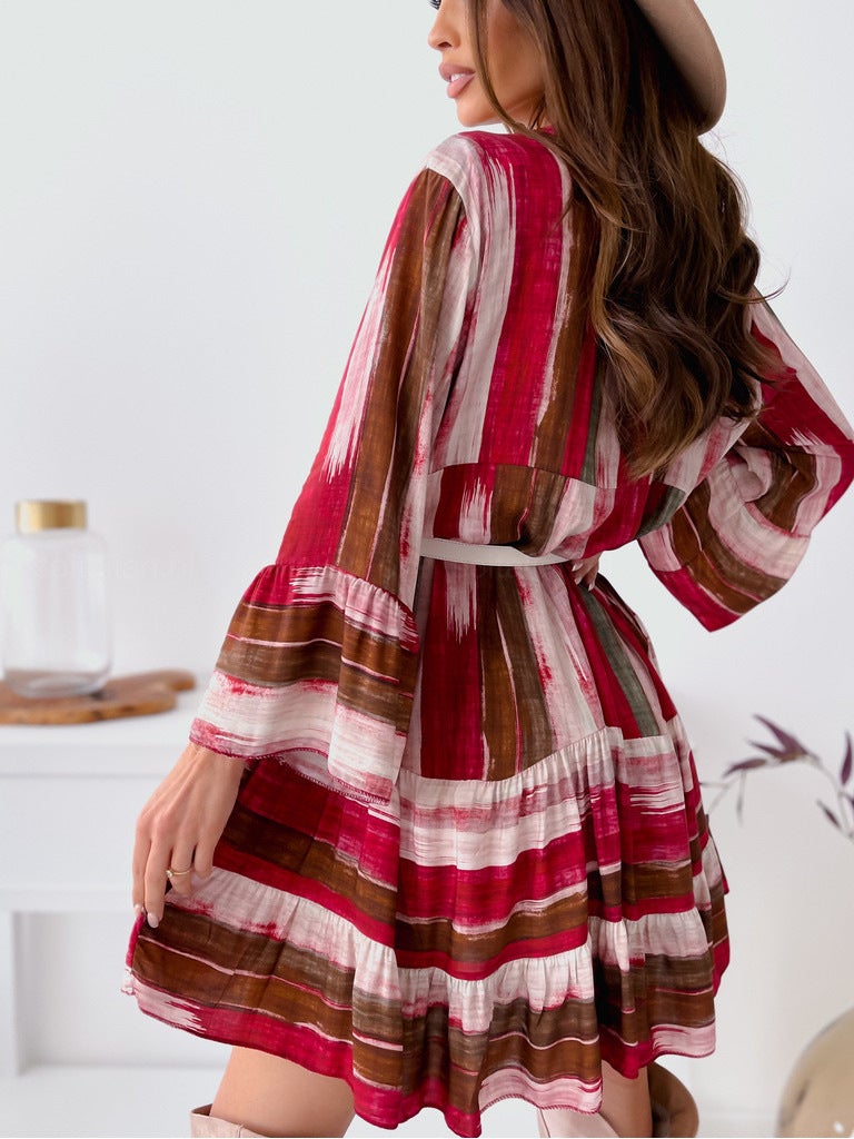 Fashion European And American Tie Dyed V-Neck Long Sleeve Dress For Women