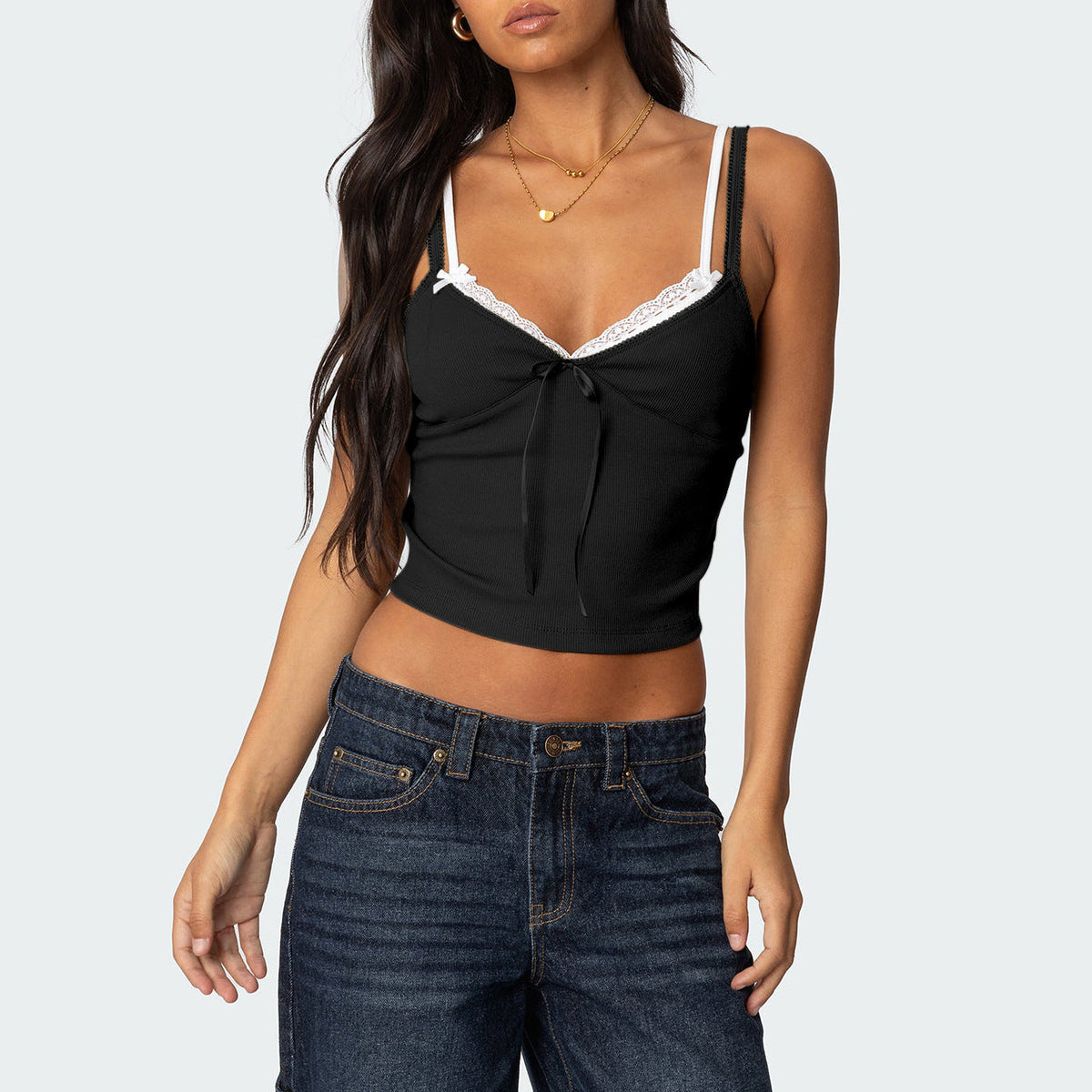 Lace Trim Color Block Cami Top with Bow Details