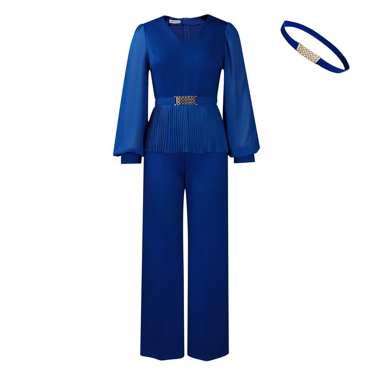 Elegant Fashion Office V-Neck Long Sleeve Ruched Waist Top And Wide Leg Pants Set