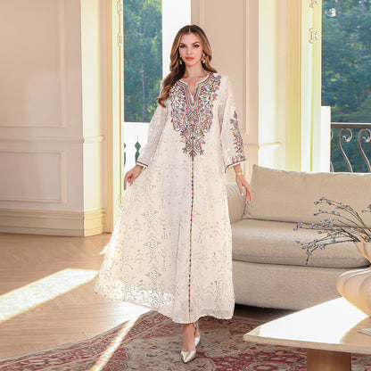 Embroidered Muslim Maxi Dress Elegant Abaya for Ladies