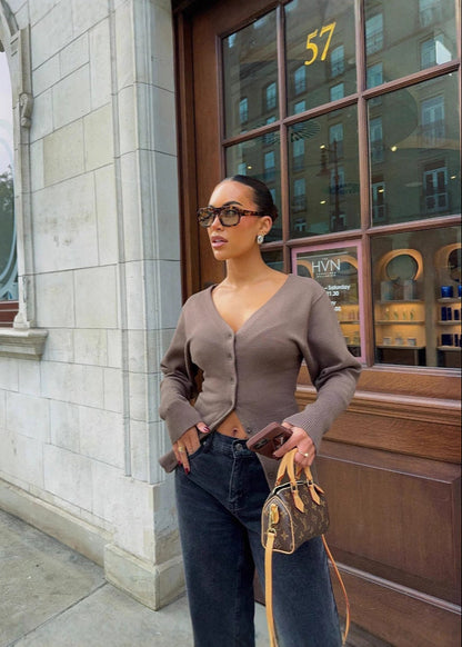 Button Up Knit Cardigan In Coffee Color